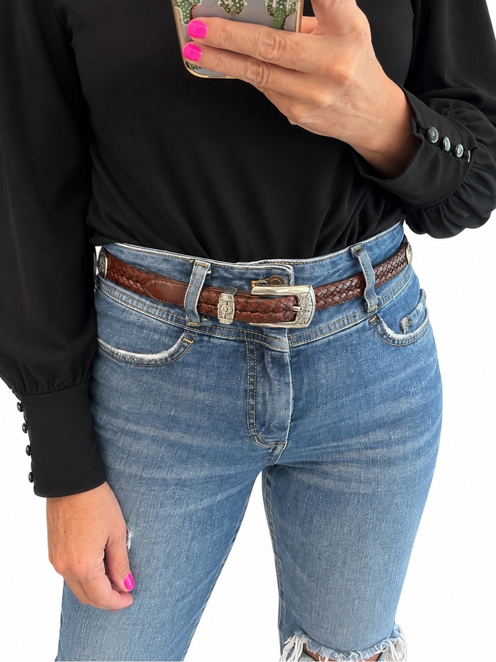 Brighton Brown Braided Woven Genuine Leather Silver Accents Southwestern Belt